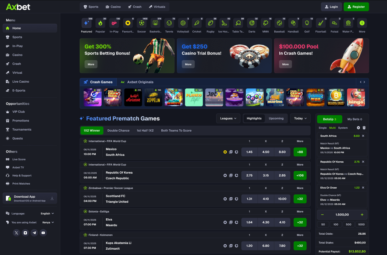 AXBET desktop — home with sports, banners and crash games